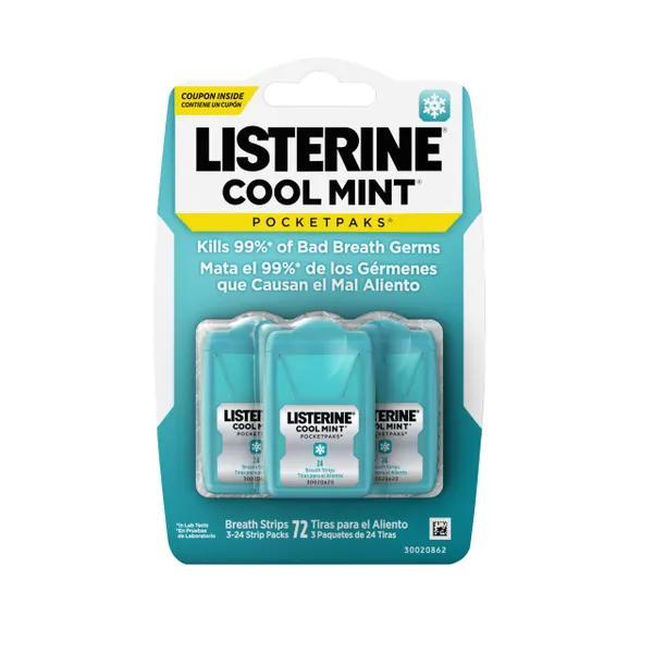 Listerine Cool Mint Pocketpaks Dissolving Breath Strips 3 Pack, 72ct total, Zero Sugar, Zero Alcohol, #1 Recommended Mouthwash Brand Oral Oral