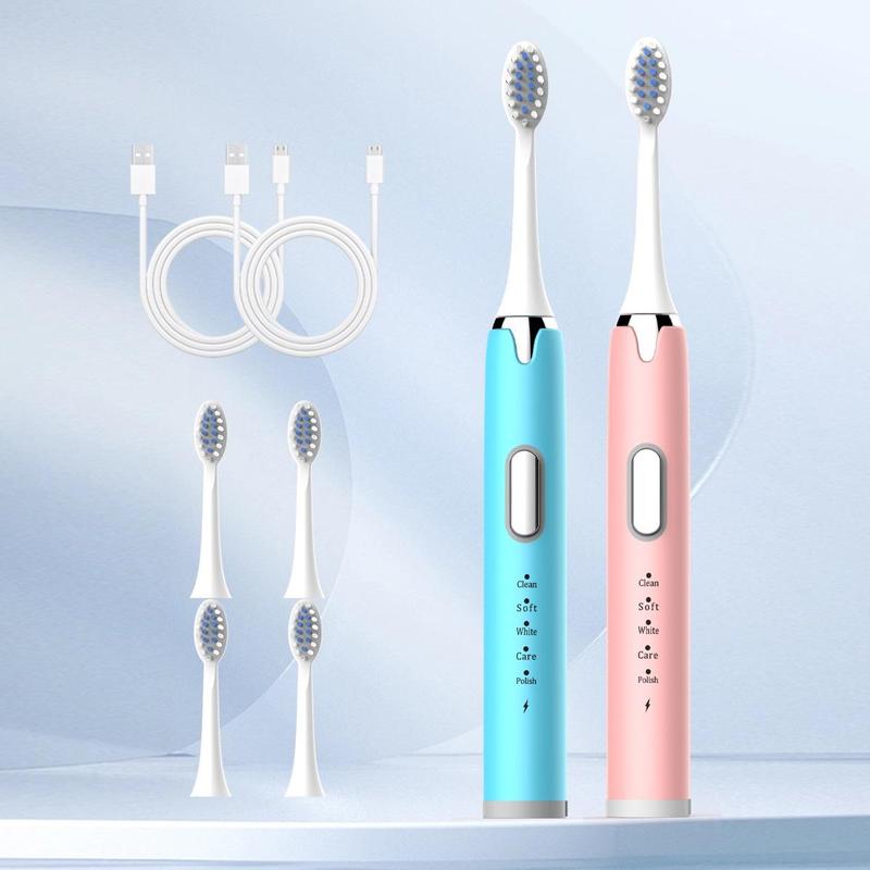 2pcs Rechargeable Electric Toothbrush & 6pcs Brush Head, Portable Teeth Cleaning Brush For Adults