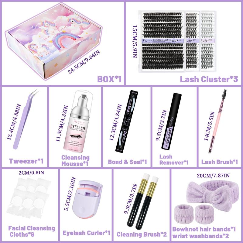 Eyelash Extension Kit, 1 Set Mixed Length & Style Cluster False Eyelashes Eyelash with Glue & Remover & Tweezers & Headband & Wrist Strap & Eyelash Curler, Christmas Gift