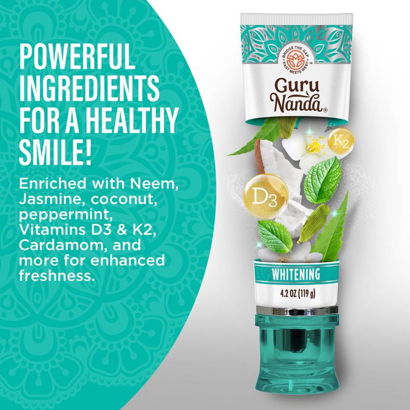 GuruNanda Non Fluoride, Hydroxyapatite, Whitening Toothpaste - Freshens Breath, Fights Plaque - CocoMint Jasmine Neem, 4.2oz