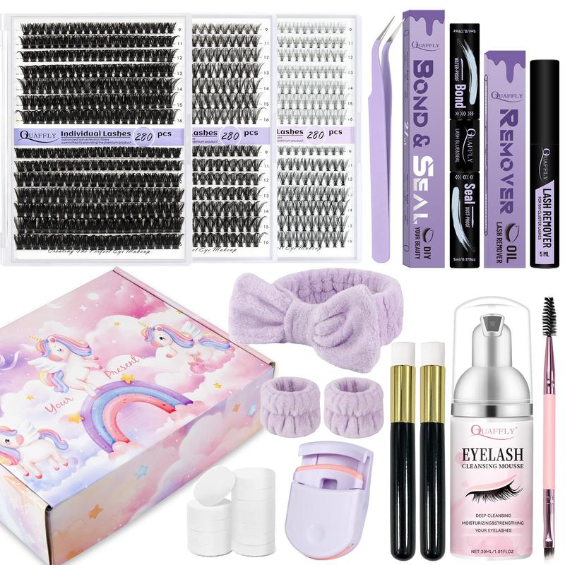 Eyelash Extension Kit, 1 Set Mixed Length & Style Cluster False Eyelashes Eyelash with Glue & Remover & Tweezers & Headband & Wrist Strap & Eyelash Curler, Christmas Gift