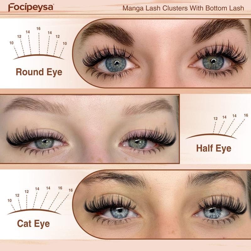 Focipeysa Manga Lash Clusters 8-16mm Lash Extension Natural Wispy Eyelash Clusters with Bottom Lashes DIY Eyelash Extension Kit with Lash Bond and Seal Lash Applicator for Beginners D Curl Lash Extensions (D-8-16MM-01B)