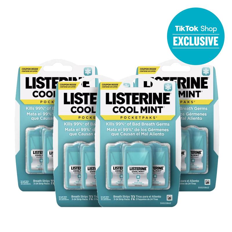 Listerine Cool Mint Pocketpaks Dissolving Breath Strips 3 Pack, 72ct total, Zero Sugar, Zero Alcohol, #1 Recommended Mouthwash Brand Oral Oral