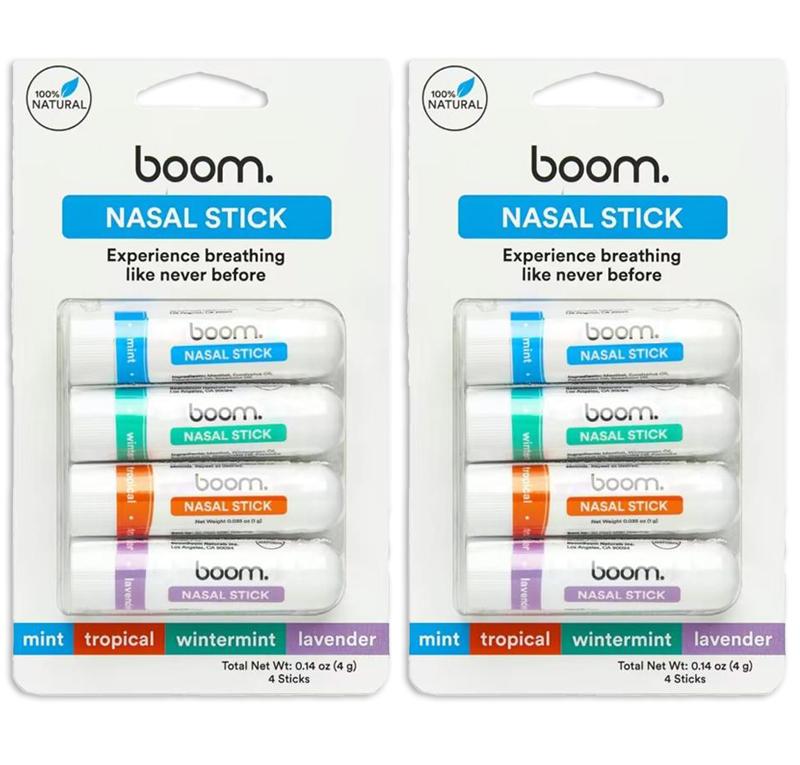 BoomBoom Nasal Stick (4 Pack) | Boosts Focus + Enhances Breathing | Provides Fresh Cooling Sensation | Aromatherapy Inhaler Made with Essential Oils + Menthol (Mint, Wintermint, Tropical, Lavender)