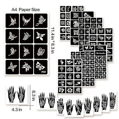 Henna Tattoo Stencil Kit 190pcs, 24 Sheets Henna Stencils Reusable Temporary Indian Arabian Glitter Airbrush Tattoo Stencils for Face Body Paint DIY Makeup Pigment