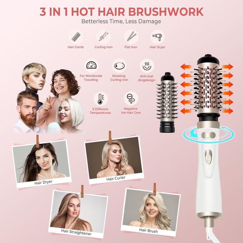 3 in 1 Rotating Hair Dryer Brush, 1 Box Round Hot Air Spin Brush Set with Detachable Auto-rotating Curling Brush, Hair Styling Tool for Women & Girls