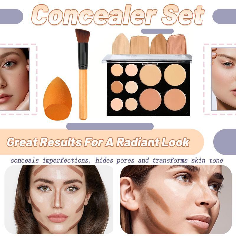 10 Color Concealer Palette with Sponge Puff & Makeup Brush Set, Long Lasting Concealer Makeup Palette, Facial Makeup Tools for Women and Girls