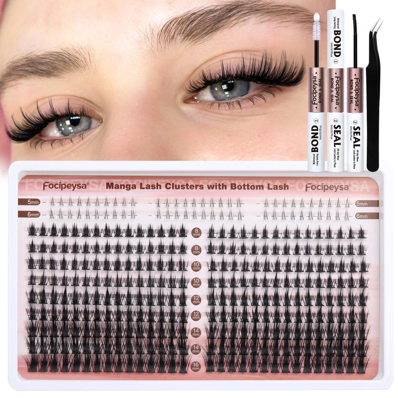 Focipeysa Manga Lash Clusters 8-16mm Lash Extension Natural Wispy Eyelash Clusters with Bottom Lashes DIY Eyelash Extension Kit with Lash Bond and Seal Lash Applicator for Beginners D Curl Lash Extensions (D-8-16MM-01B)