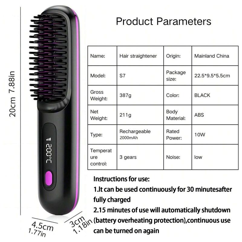 Portable Rechargeable Hair Straightener Brush, Wireless Hair Straightener, Multi-temperature Adjustable Hair Hair Styling Tool for Home & Travel