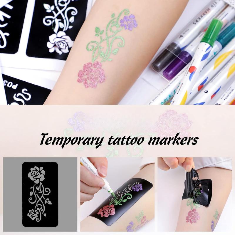 Temporary Tattoo Markers for Skin, 10 Body Markers + 56 Large Tattoo Stencils for Kids and Adults, Dual-End Tattoo Pens Make Bold and Fine Lines with Cosmetic-Grade Tattoo Ink ZYH2208001KIT