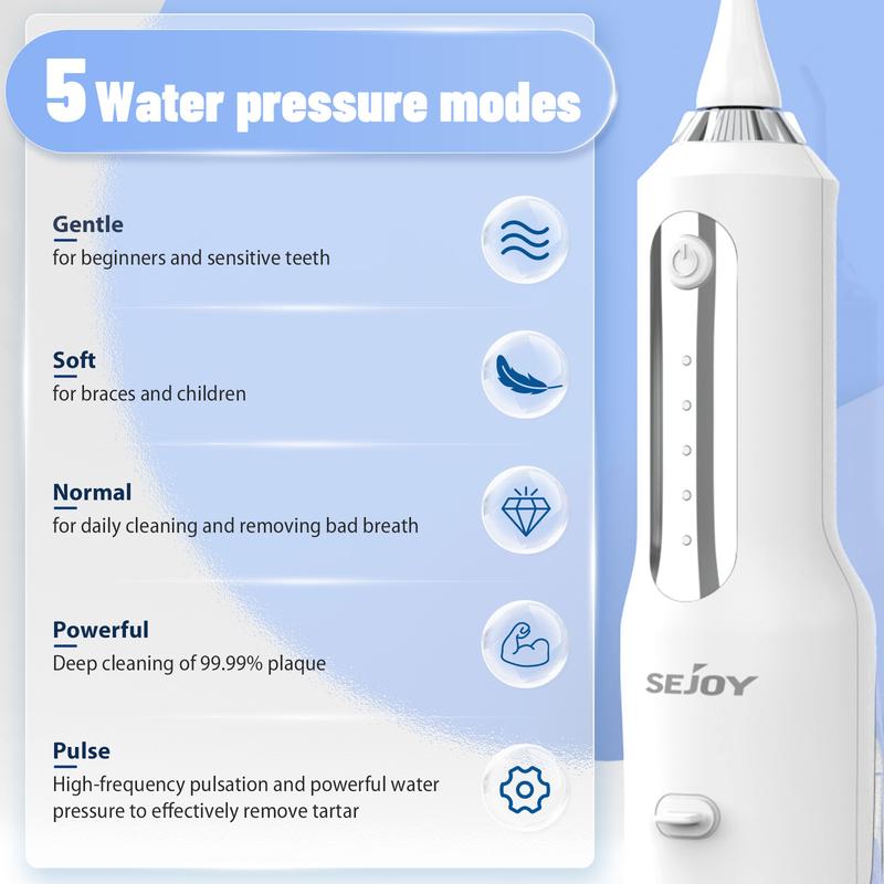 Sejoy Water Flosser With 5 Cleaning Modes, IPX7 & 270ML Large Water Tank, 5Jet Tips, Oral Irrigator Rechargeable for Home Travel & Office