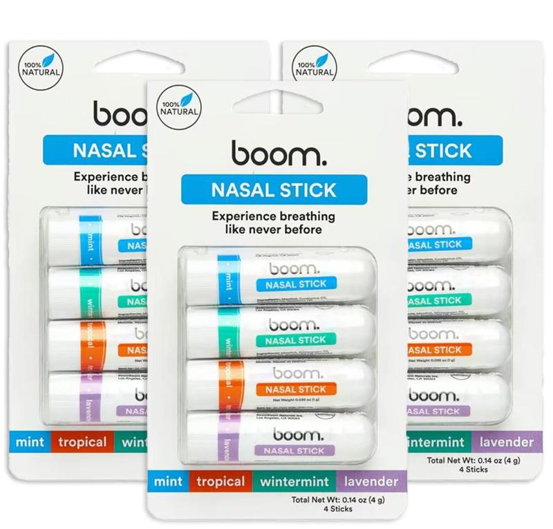 BoomBoom Nasal Stick (4 Pack) | Boosts Focus + Enhances Breathing | Provides Fresh Cooling Sensation | Aromatherapy Inhaler Made with Essential Oils + Menthol (Mint, Wintermint, Tropical, Lavender)