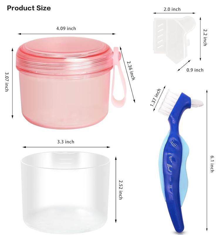 Leak Proof Denture Cups Bath, Dishwasher safe, Denture Case for Soaking Full & Partial Dentures, Retainers, with Hard Denture Cleaner Brush & Denture Brush Cover (Transparent Rouge)