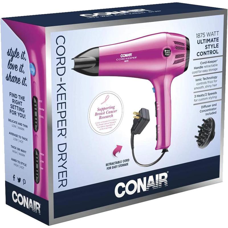 Hair Dryer with Retractable Cord, 1875W Cord Protector Hair Dryer, Pink