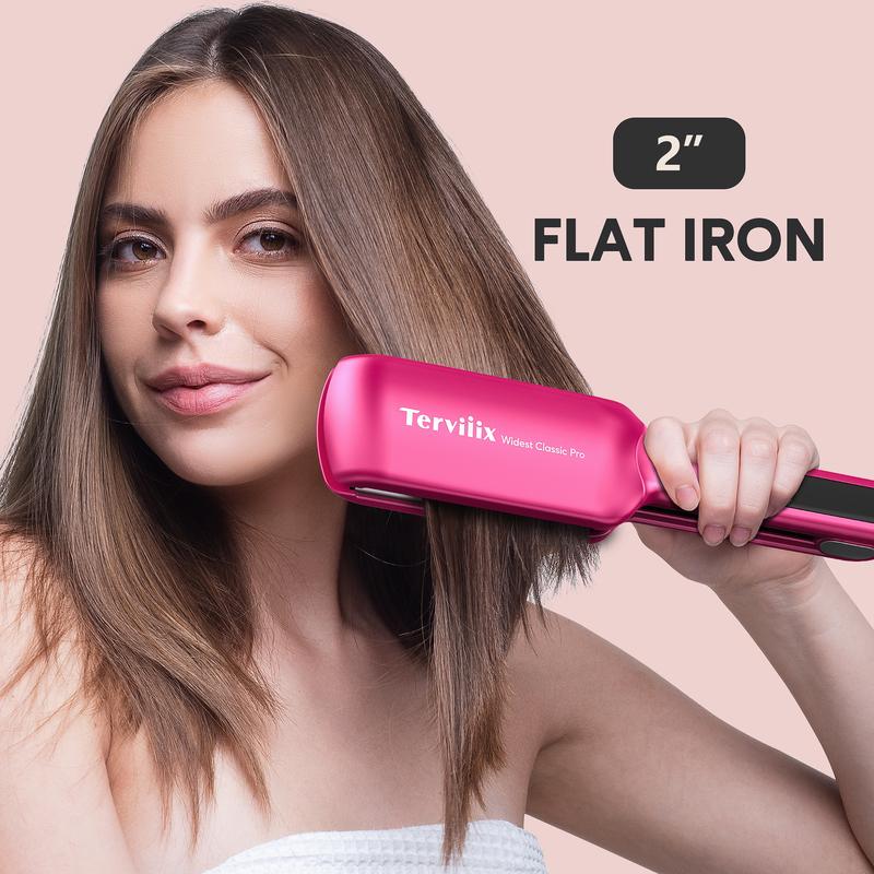 Terviiix Flat Iron Hair Straightener, Wide Ceramic Flat Iron for Hair, Professional Straightening Irons with Adjustable Temp, Fast Styling for Silky Smooth Hair, Dual Voltage, Auto Off, Pink