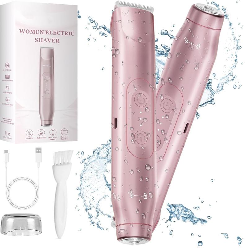 2 in 1 Women Electric Shaver Dual Head  Trimmer for Women IPX7 Waterproof Wet & Dry Use Body Hair Trimmer and  Hair Remover for  Underarm Leg Arm Body Face, Pink