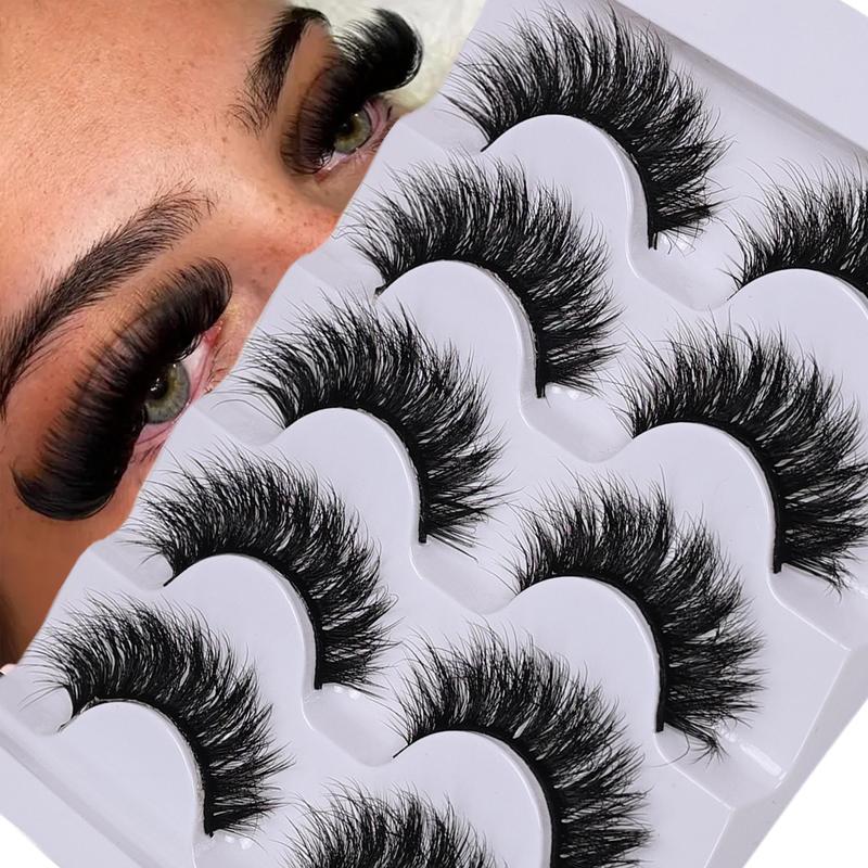 Fluffy False Eyelashes, 5 Pairs Wispy 6D Volume Faux Cluster Lashes, Natural Curling Eye Makeup Strip Lashes, Volumized False Eyelashes for Women and Girls, Christmas Gift