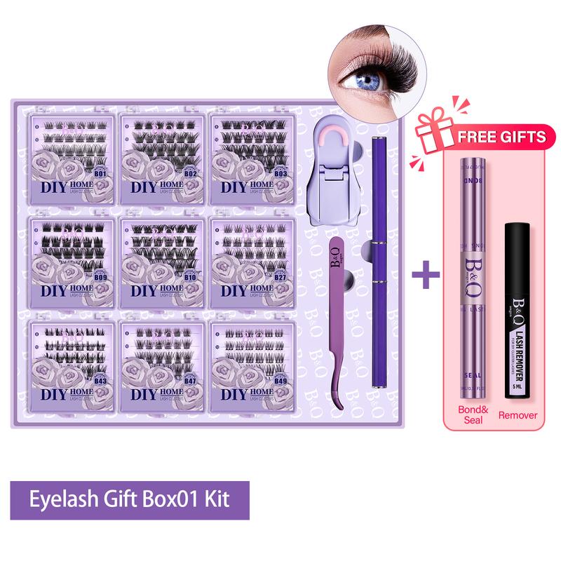 B&Q Lash Traveling Kit DIY Waterproof Lash Cluster Collection of 9 Styles with Eyelash Curlers Tweezers Mascara Brush Lash Extensions Makeup Cosmetic