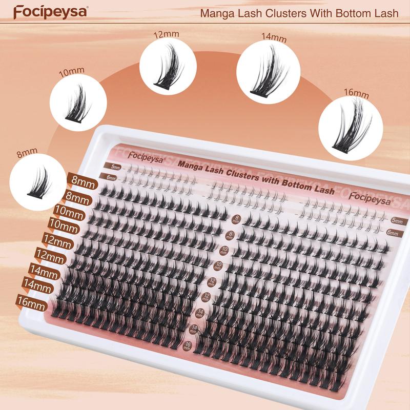 Focipeysa Manga Lash Clusters 8-16mm Lash Extension Natural Wispy Eyelash Clusters with Bottom Lashes DIY Eyelash Extension Kit with Lash Bond and Seal Lash Applicator for Beginners D Curl Lash Extensions (D-8-16MM-01B)