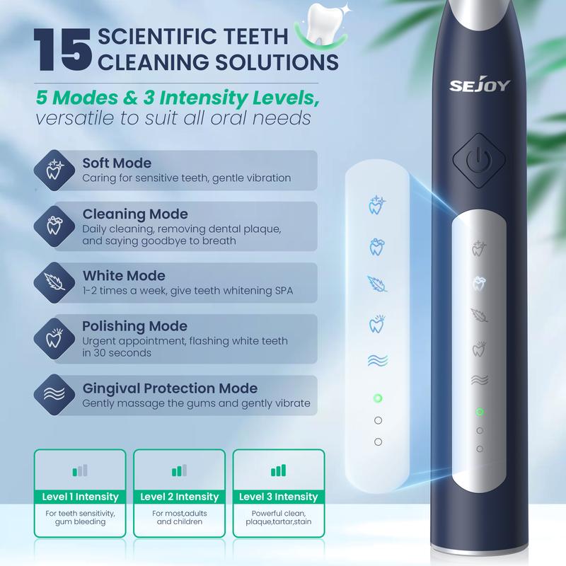 SEJOY Sonic Electric Toothbrush Rechargeable Travel Case 5 Modes 10 Brush Heads