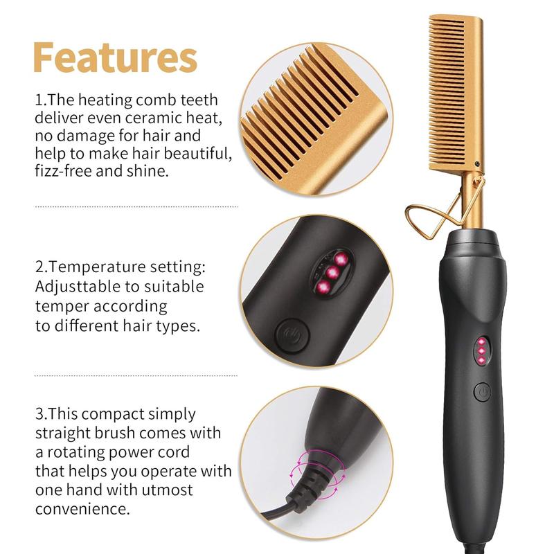 Hot Comb Hair Straightener Heat Pressing Combs - Ceramic Electric Hair Straightening Comb, Curling Iron for Natural Black Hair Beard Wigs Holiday Gift - Glod 5 In1