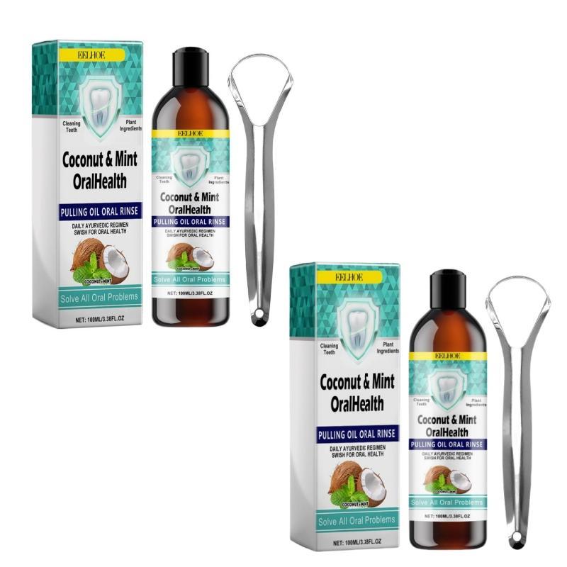 Coconut Oil Mouthwash, 2 Counts Oral Care Mouthwash with 2 counts Tongue Scraper, Deep Cleaning Oral Care Product for Men & Women