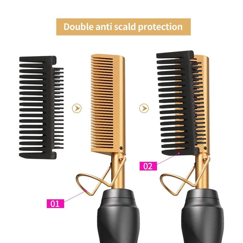 Hot Comb Hair Straightener Heat Pressing Combs - Ceramic Electric Hair Straightening Comb, Curling Iron for Natural Black Hair Beard Wigs Holiday Gift - Glod 5 In1