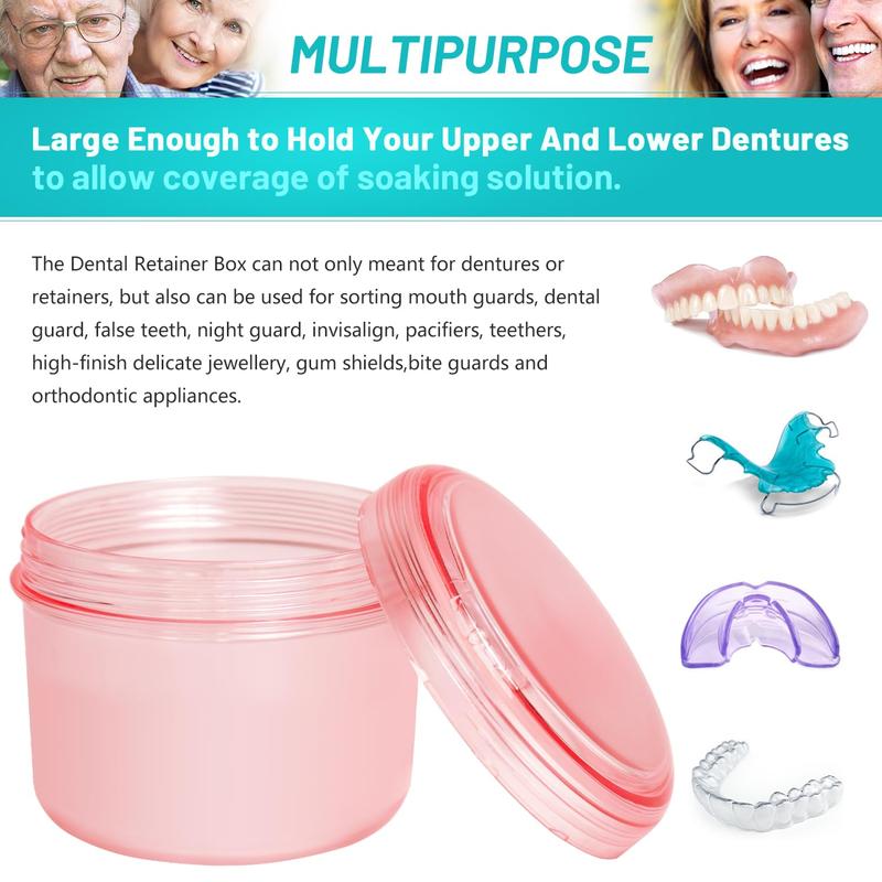 Leak Proof Denture Cups Bath, Dishwasher safe, Denture Case for Soaking Full & Partial Dentures, Retainers, with Hard Denture Cleaner Brush & Denture Brush Cover (Transparent Rouge)