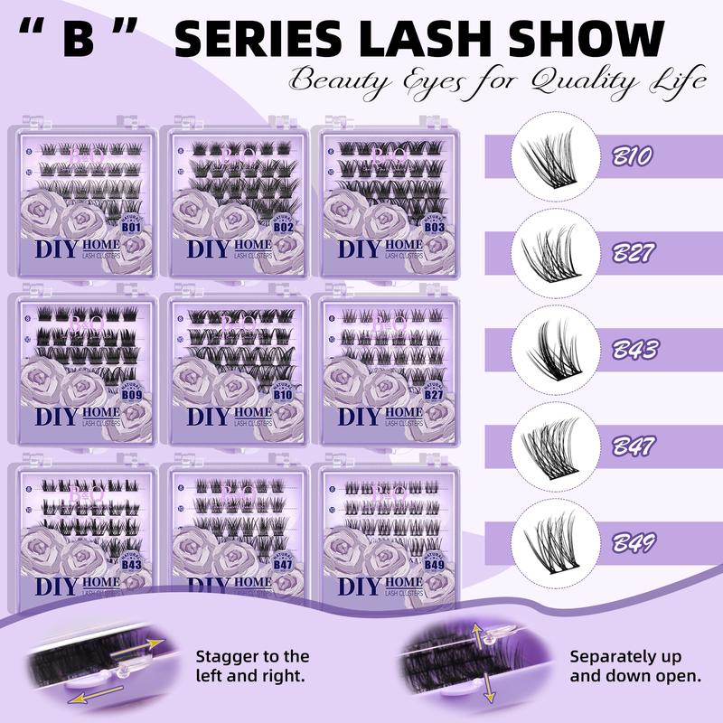 B&Q Lash Traveling Kit DIY Waterproof Lash Cluster Collection of 9 Styles with Eyelash Curlers Tweezers Mascara Brush Lash Extensions Makeup Cosmetic