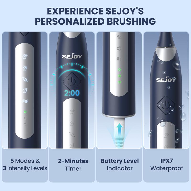 SEJOY Sonic Electric Toothbrush Rechargeable Travel Case 5 Modes 10 Brush Heads