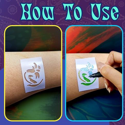 Temporary Tattoo Markers - 10 dual-tip washable, skin-safe colors with stencils for creating temporary body art, perfect for kids and adults.