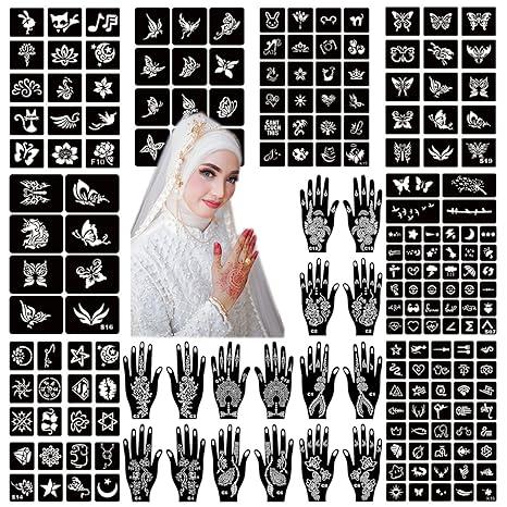 Henna Tattoo Stencil Kit 190pcs, 24 Sheets Henna Stencils Reusable Temporary Indian Arabian Glitter Airbrush Tattoo Stencils for Face Body Paint DIY Makeup Pigment