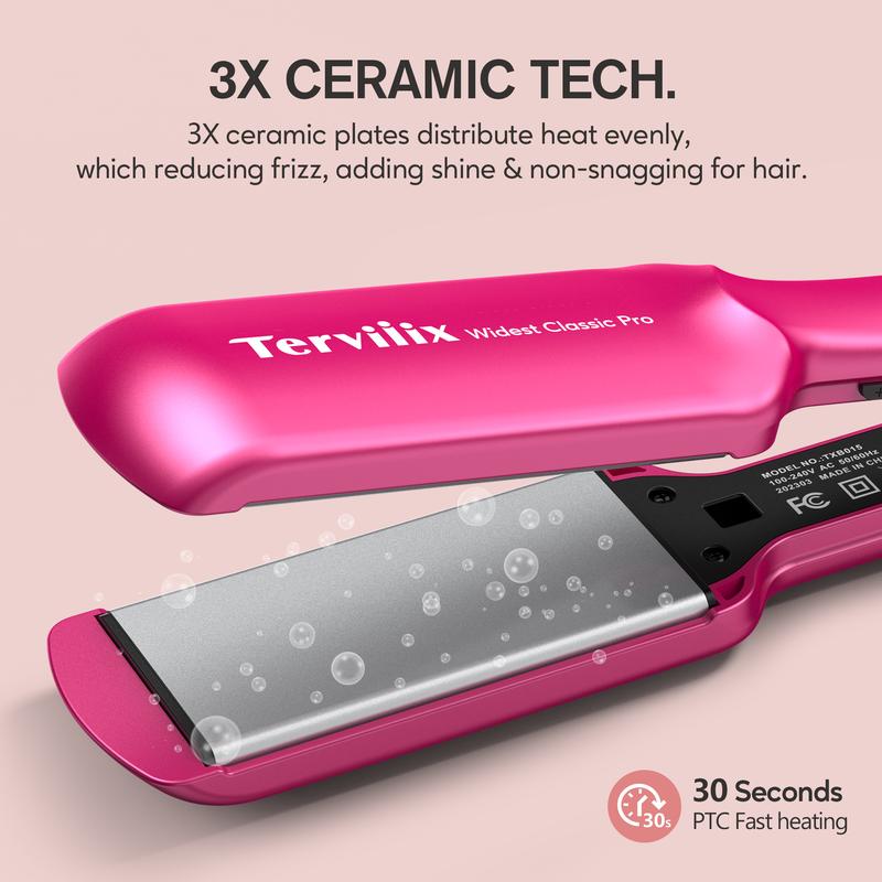 Terviiix Flat Iron Hair Straightener, Wide Ceramic Flat Iron for Hair, Professional Straightening Irons with Adjustable Temp, Fast Styling for Silky Smooth Hair, Dual Voltage, Auto Off, Pink