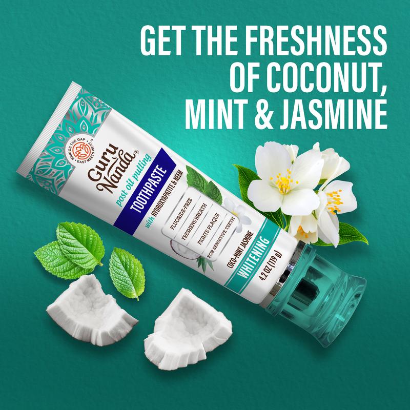 GuruNanda Non Fluoride, Hydroxyapatite, Whitening Toothpaste - Freshens Breath, Fights Plaque - CocoMint Jasmine Neem, 4.2oz