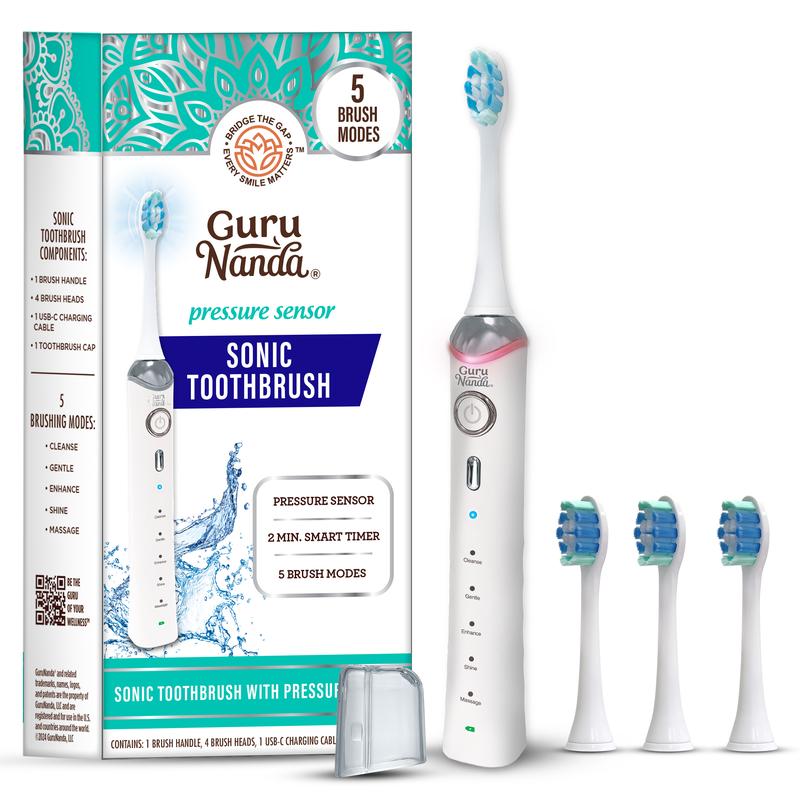 GuruNanda White Pressure Sensor Sonic Electric Toothbrush - Rechargeable with 5 Modes, Memory Function, 2-Min Smart Timer & 4 Replacement Heads