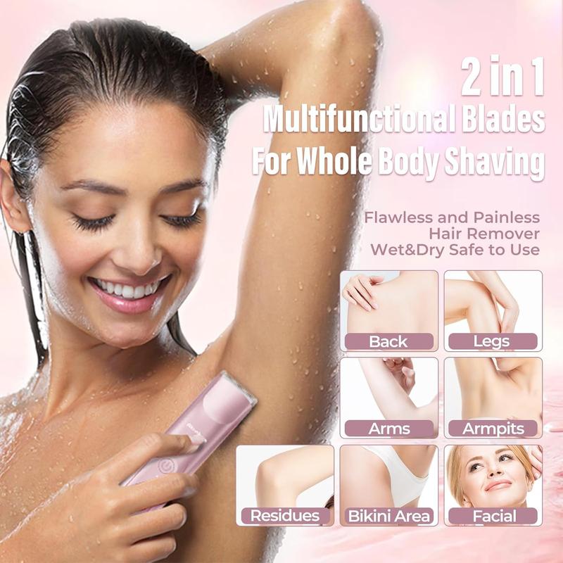 2 in 1 Women Electric Shaver Dual Head  Trimmer for Women IPX7 Waterproof Wet & Dry Use Body Hair Trimmer and  Hair Remover for  Underarm Leg Arm Body Face, Pink