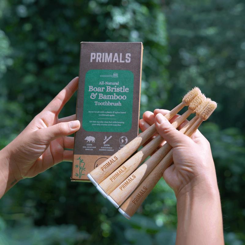 PRIMALS Boar Bristle & Bamboo Toothbrush (4-Pack) - 100% Real Boar Bristles - Plastic & Nylon Free