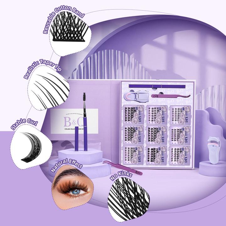 B&Q Lash Traveling Kit DIY Waterproof Lash Cluster Collection of 9 Styles with Eyelash Curlers Tweezers Mascara Brush Lash Extensions Makeup Cosmetic