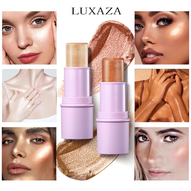 LUXAZA 2 Colors Highlighter Stick Set, Shimmer Cream Powder, Lasting Glow Finish, Creamy Crayon Highlighter, Holiday Party Makeup, Shimmer Blush Bronzer Cosmetic