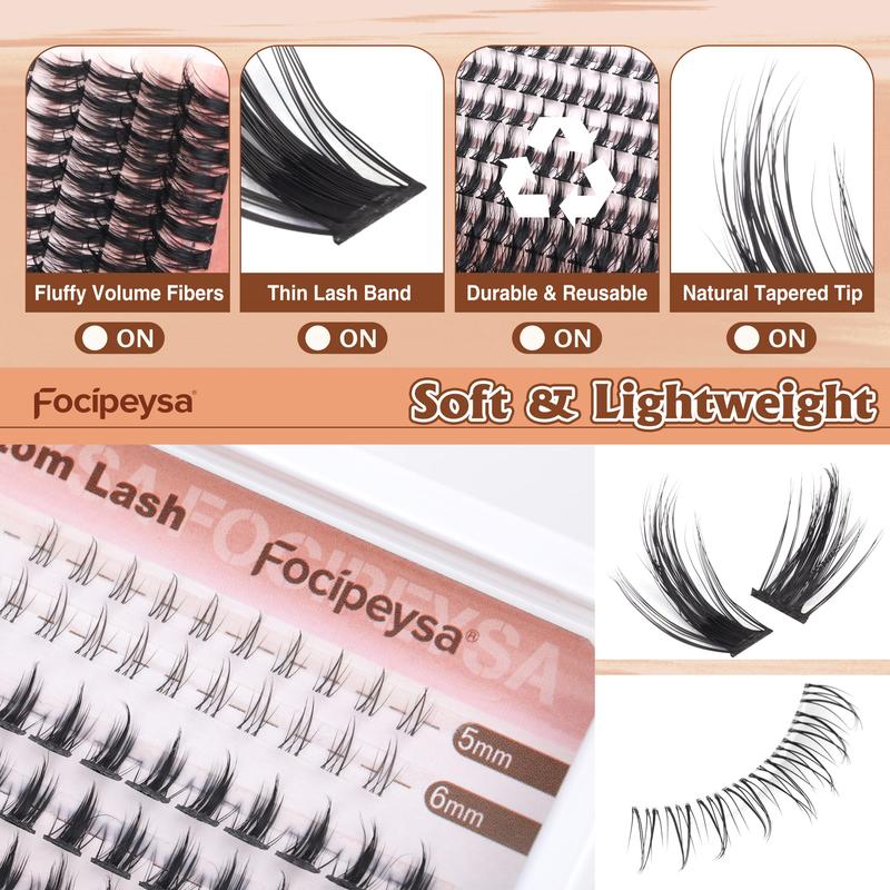 Focipeysa Manga Lash Clusters 8-16mm Lash Extension Natural Wispy Eyelash Clusters with Bottom Lashes DIY Eyelash Extension Kit with Lash Bond and Seal Lash Applicator for Beginners D Curl Lash Extensions (D-8-16MM-01B)