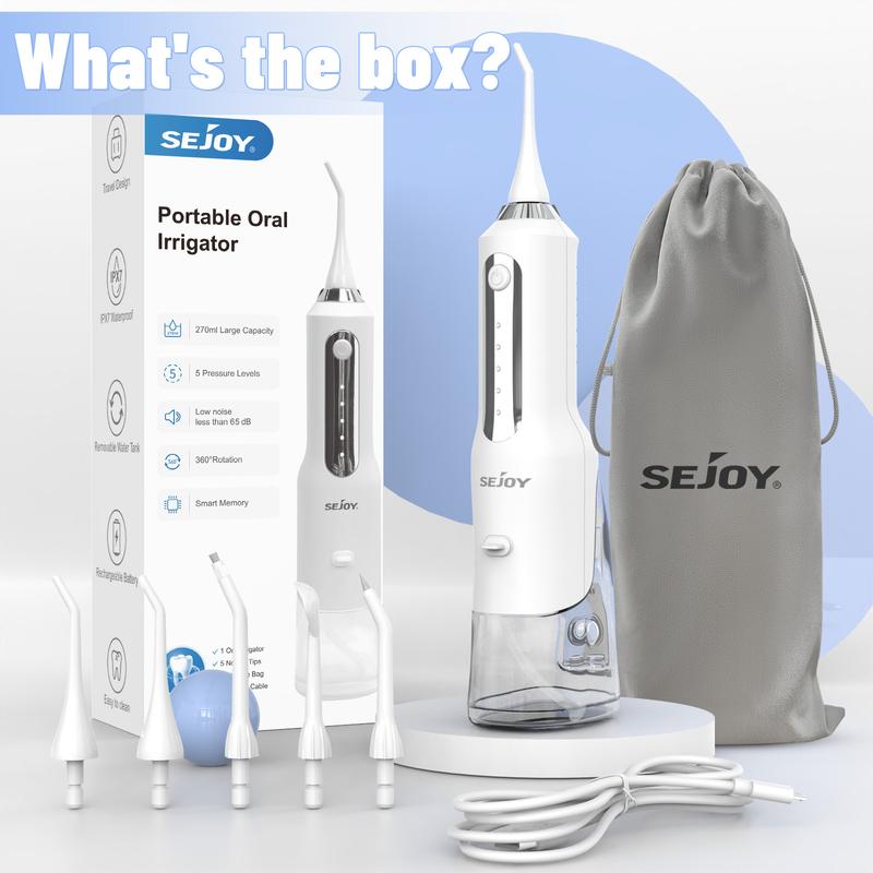 Sejoy Water Flosser With 5 Cleaning Modes, IPX7 & 270ML Large Water Tank, 5Jet Tips, Oral Irrigator Rechargeable for Home Travel & Office