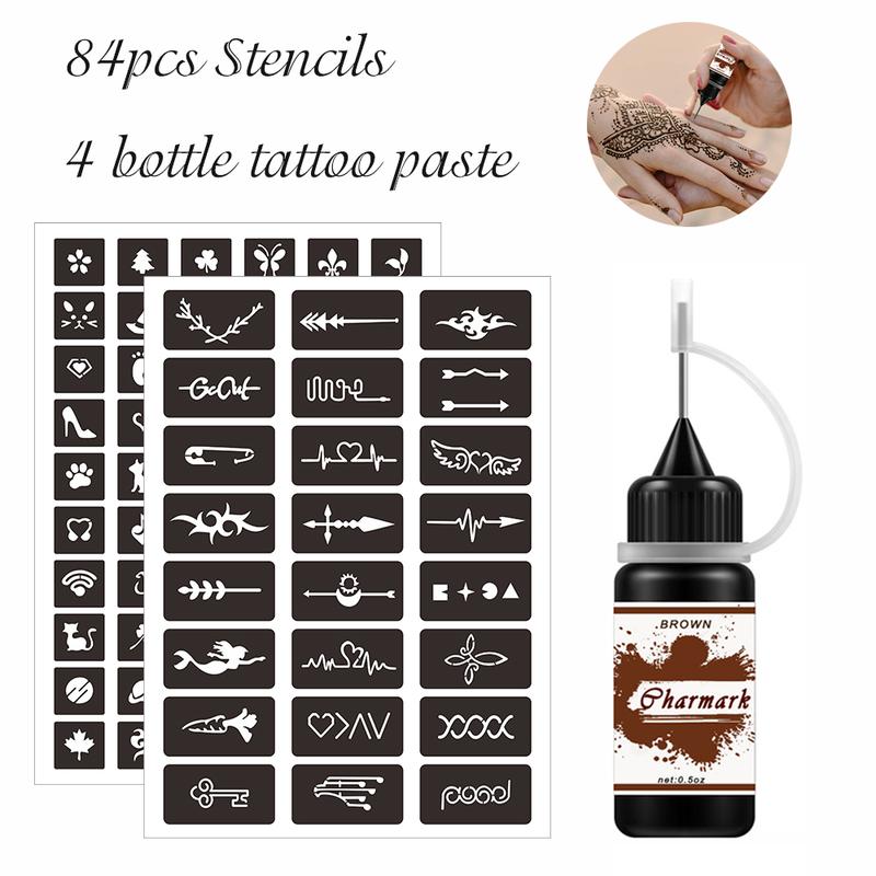 Charmark Temporary Tattoo Kit for Women Men Kids, Jagua Gel Semi Permanent Ink Summer Trend Art Painting DIY Fake Freckles 84 Pcs Stencils - Full Kit 3 Colors (Black+Red+Brown)