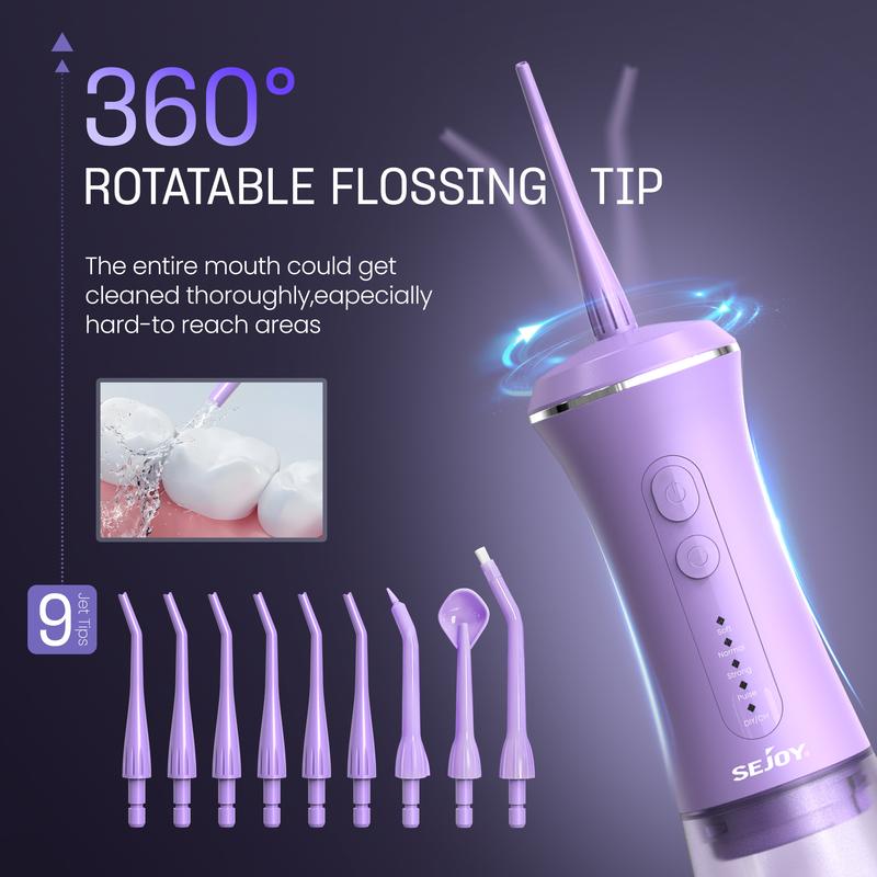 Sejoy Water Flosser for Teeth Cleaning and Flossing, Tooth Flosser Electric Cordless Portable Water Dental Flosser, 350ML 5 Modes 9 Jet Tips, for Daily Oral Care