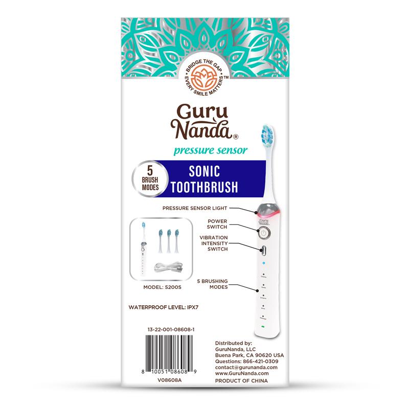 GuruNanda White Pressure Sensor Sonic Electric Toothbrush - Rechargeable with 5 Modes, Memory Function, 2-Min Smart Timer & 4 Replacement Heads