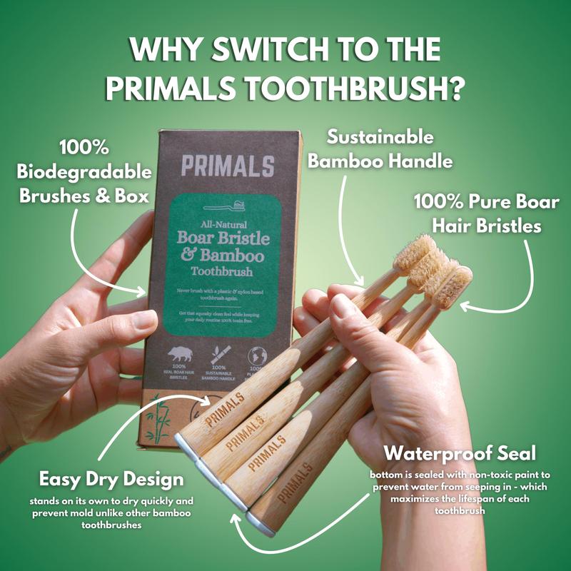 PRIMALS Boar Bristle & Bamboo Toothbrush (4-Pack) - 100% Real Boar Bristles - Plastic & Nylon Free