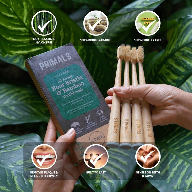 PRIMALS Boar Bristle & Bamboo Toothbrush (4-Pack) - 100% Real Boar Bristles - Plastic & Nylon Free