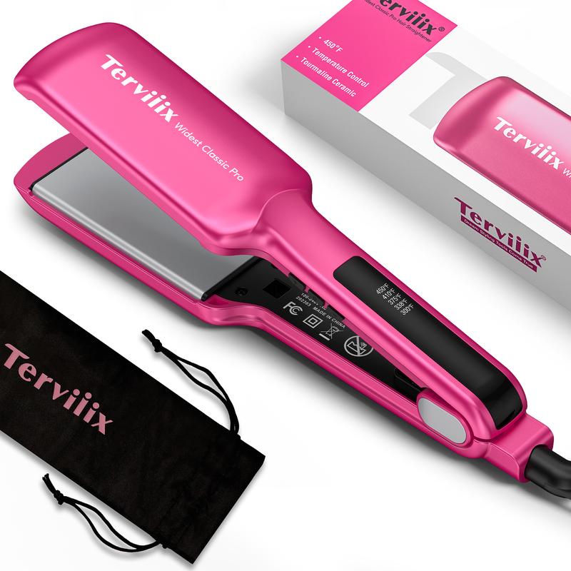 Terviiix Flat Iron Hair Straightener, Wide Ceramic Flat Iron for Hair, Professional Straightening Irons with Adjustable Temp, Fast Styling for Silky Smooth Hair, Dual Voltage, Auto Off, Pink