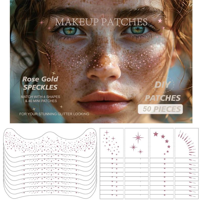 50 Pcs Rose Gold Face Makeup Patches, Glitter Freckles Face Tattoo, Glitter Freckles, Sparkle Makeup Patches, Waterproof Face Glitter Speckles Patches for Women