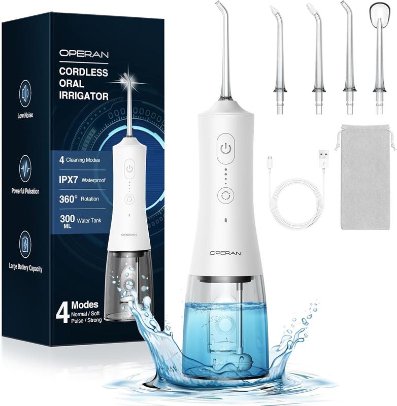 Operan Water Flossers - Upgraded 300ml Cordless Water Pick Portable Rechargeable Oral Irrigator with 4 Modes 4 Jet Tips IPX7 Waterproof Dental Floss for Home Travel