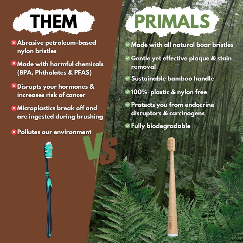 PRIMALS Boar Bristle & Bamboo Toothbrush (4-Pack) - 100% Real Boar Bristles - Plastic & Nylon Free